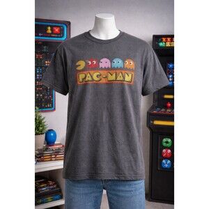 Pac-Man T-Shirt M Gray Retro Arcade Ghosts Graphic Tee Gamer Vintage Style Men